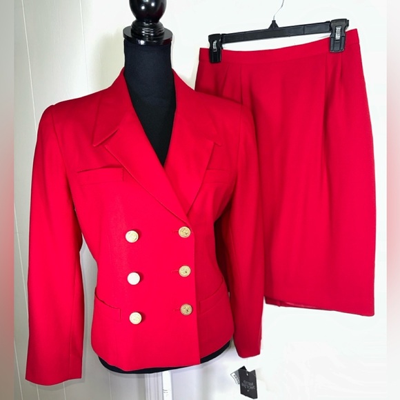 VINTAGE NWT Kasper Red Double-Breasted Blazer and Skirt Set - Picture 1 of 16
